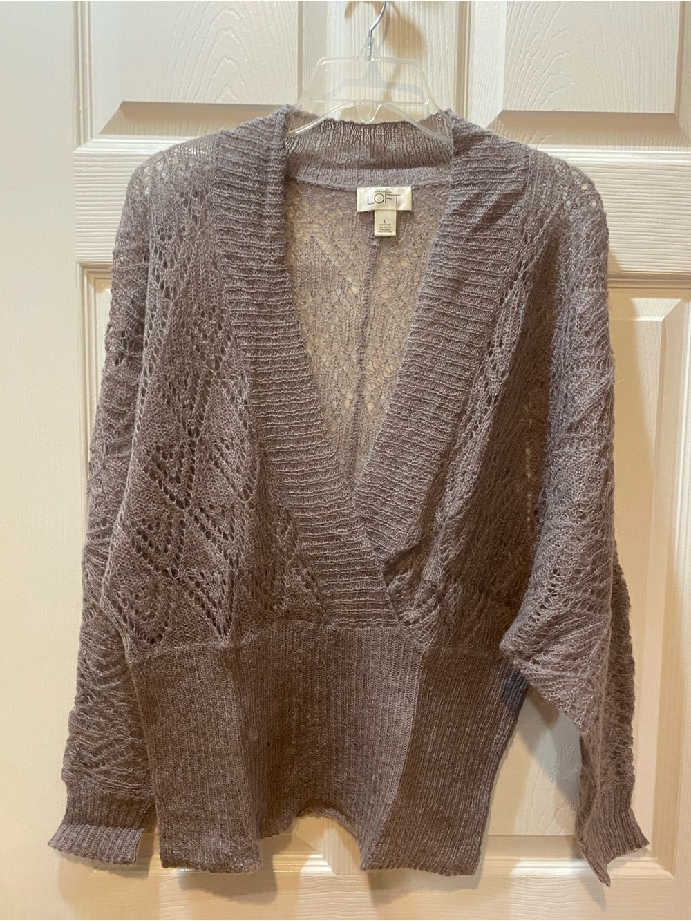 LOFT Taupe Open-Knit V-Neck Sweater
